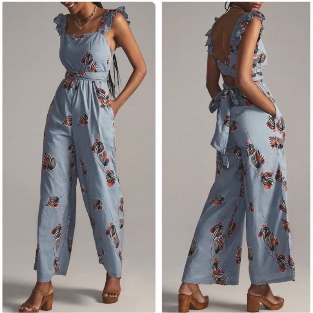 Anthropologie Blue Floral Print Ruffle Strap Jumpsuit